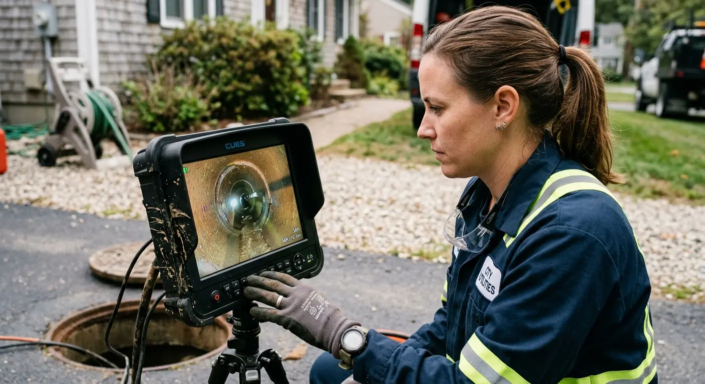 Technician reviewing sewer camera inspection footage in Penfield