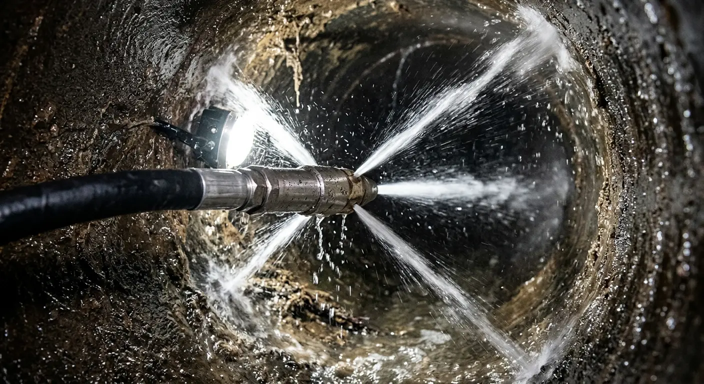 High-pressure hydro jetting nozzle cleaning sewer pipe for Sewer Cleanout in Penfield