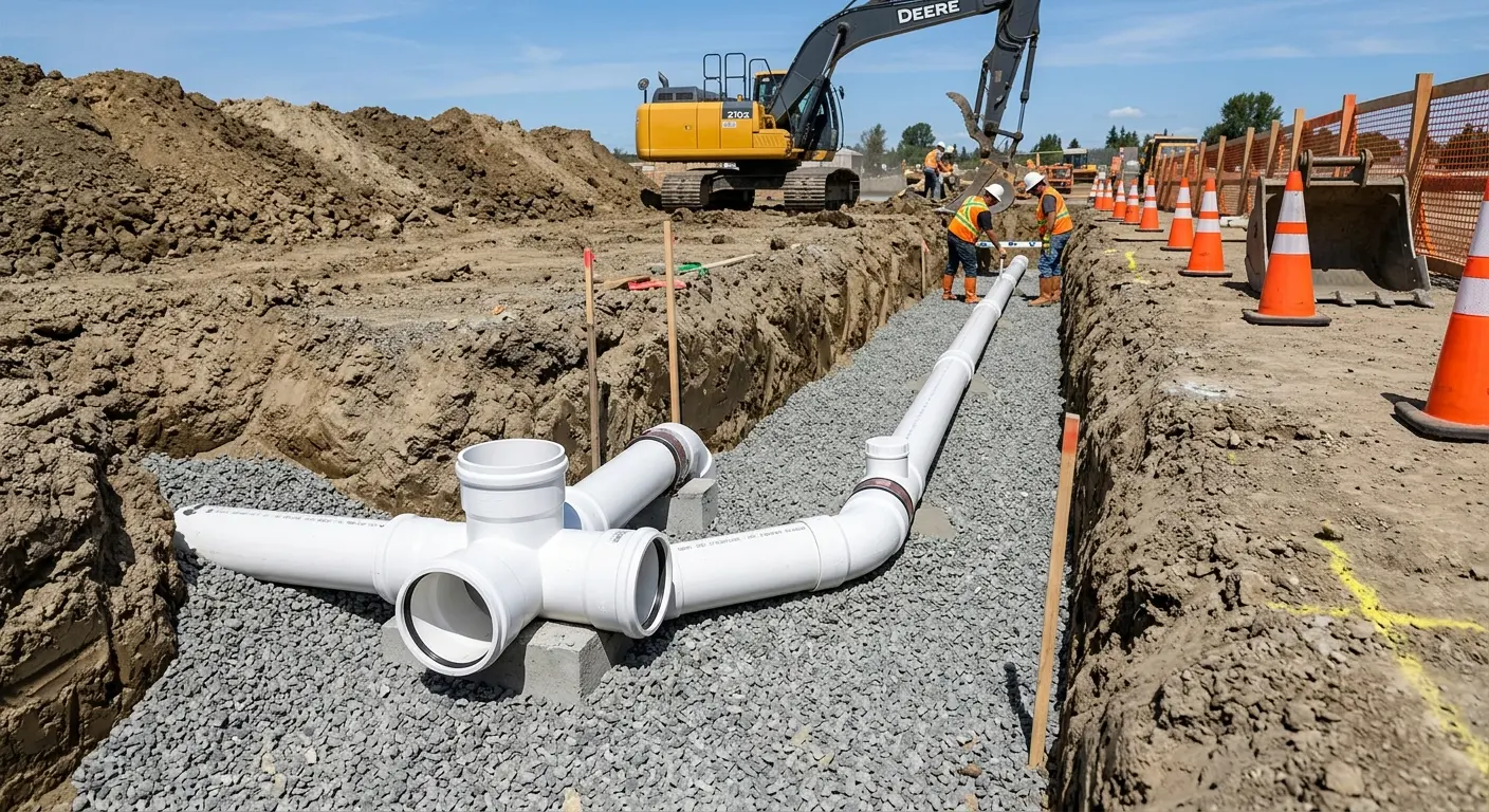 New PVC sewer pipe installation in open trench for Sewer Backup in Penfield